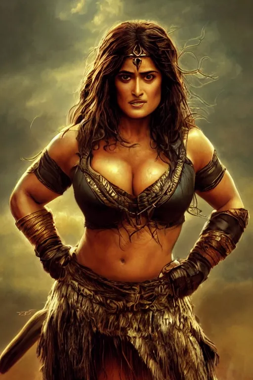 Image similar to portrait, salma hayek as a barbarian warrior, landscape, alex ross, david finch, concept art, matte painting, highly detailed, rule of thirds, dynamic lighting, cinematic, detailed, denoised, centerd
