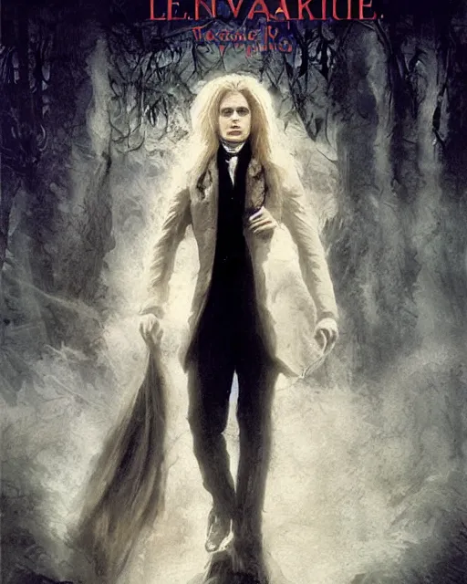 Image similar to alternate cover art for the movie interview with a vampire starring a long haired blonde tom cruise as lestat de lioncourt portrait, face centered, schmuck, regal, confident, unused design, night time, fog, colonial era street, volumetric lighting, realistic illustration, perfectly shaded, soft painting, art by krenz cushart and wenjun lin