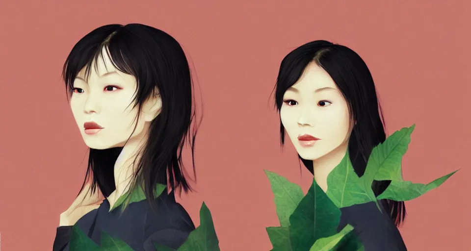 Image similar to asian female wearing leaf costume, contrast lightning, rough dark background, art by dannylailai, by hsiao ron cheng