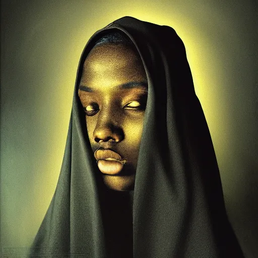 Image similar to a portrait of a young black woman wearing a long dark cloak, hood and shadows covering face, anatomically correct, beautiful perfect face, enigmatic, oil painting, matte painting, black background, Volumetric Golden dappled dynamic lighting, Highly Detailed, Cinematic Lighting, Unreal Engine, 8k, HD, by Beksinski