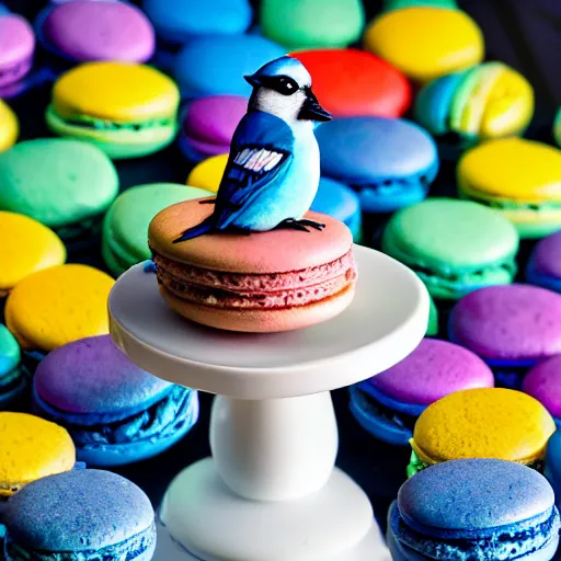 Image similar to A blue jay standing on a large basket of rainbow macarons.