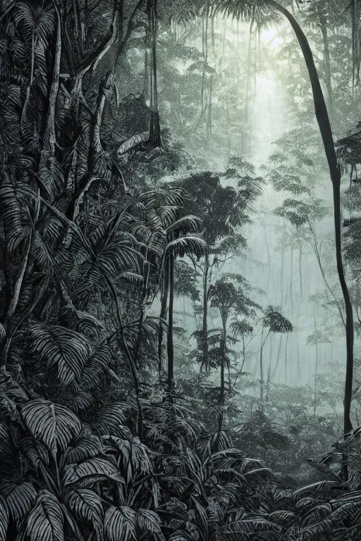 Image similar to an award winning woodcut print of a jungle in costa rica, 8 k, frostbite 3 engine, cryengine, dof, trending on artstation, digital art, crepuscular ray, art by roy l davies and tugboat printshop