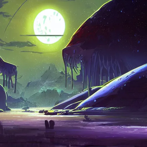 Image similar to concept art painting of an alien world full of alien dinosaurs, detailed, cel shaded, in the style of makoto shinkai and moebius and james gurney