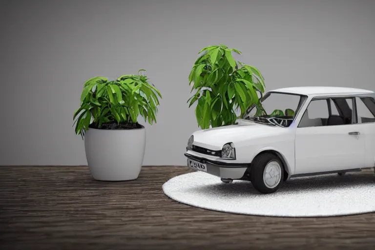 Image similar to a small miniature of a Peugeot 309 Vital on a white table near a vase with a plant, 3d render, unreal engine 5, octane render, 4k, low contrast, path tracing, serene landscape, calm, relaxing, beautiful landscape, highly detailed, high quality, product photo, hyperrealistic, concept art, symmetrical