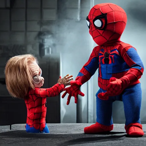 Image similar to spider - man holding chucky the killer doll