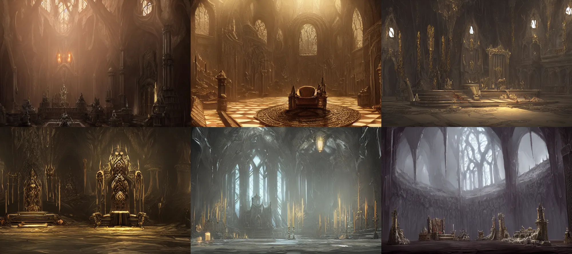 Prompt: Throne room of vampiric nobility, fantasy, wide shot, trending on artstation