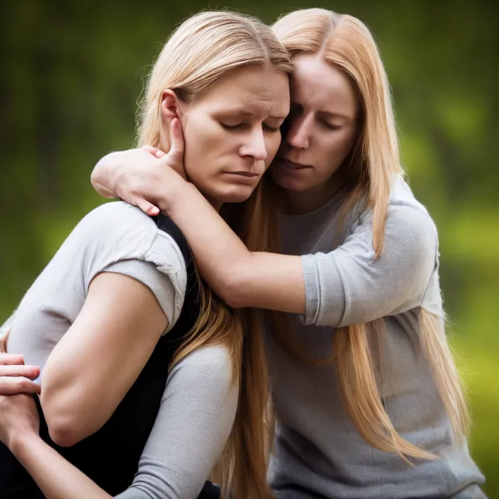 Prompt: photograph of a real-life beautiful nordic woman comforting a woman. 8k
