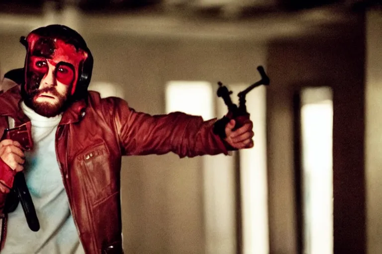 Prompt: Jake Gyllenhaal playing Jacket in a live action adaptation of Hotline Miami, film still, dramatic lighting, 80s retro, bloody,