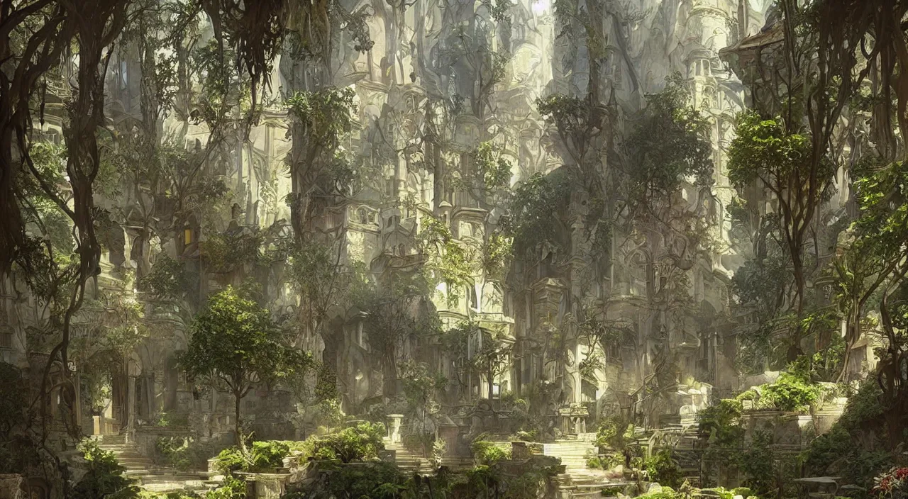 Prompt: “ a courtyard in a beautiful elven city made of stone and tree roots, rich moss and vegetation, a fantasy digital painting, artstation, concept art, sharp focus, illustration, art by greg rutkowski and alphonse mucha ”