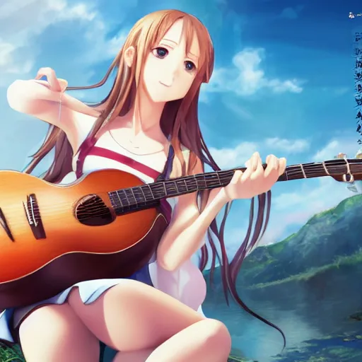 Image similar to a very beautiful little yuuki asuna playing guitar, full body, long wavy blond hair, sky blue eyes, full round face,, bikini, miniskirt, front view, mid - shot, highly detailed, cinematic wallpaper by stanley artgerm lau