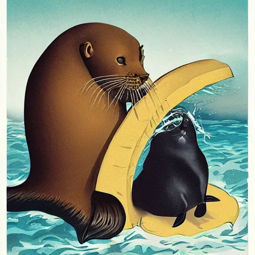 Image similar to a poster of a cat hitting a sea lion