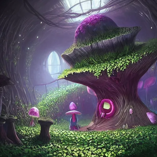 Image similar to concept art painting of a interior of a circular alien fairytale fantasy fungus house inside of a mushroom, with black vines, realistic, detailed, cel shaded, magenta and gray, dark, in the style of makoto shinkai and greg rutkowski and james gurney