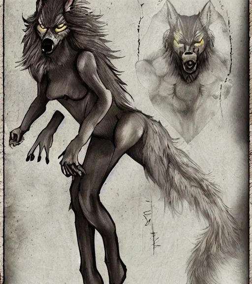 Prompt: werewolf girl in a dark bedroom, anthro, fierce, creepy