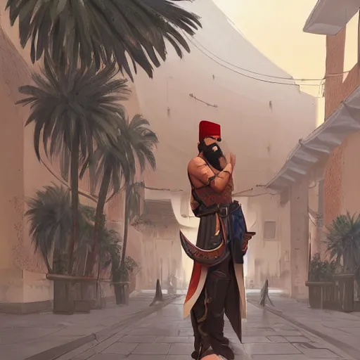 Image similar to hanzo from overwatch travels in marrakech streets, morocco, palm trees, mosque, highly detailed, digital painting, artstation, concept art, smooth, sharp focus, illustration, art by artgerm and greg rutkowski and alphonse mucha