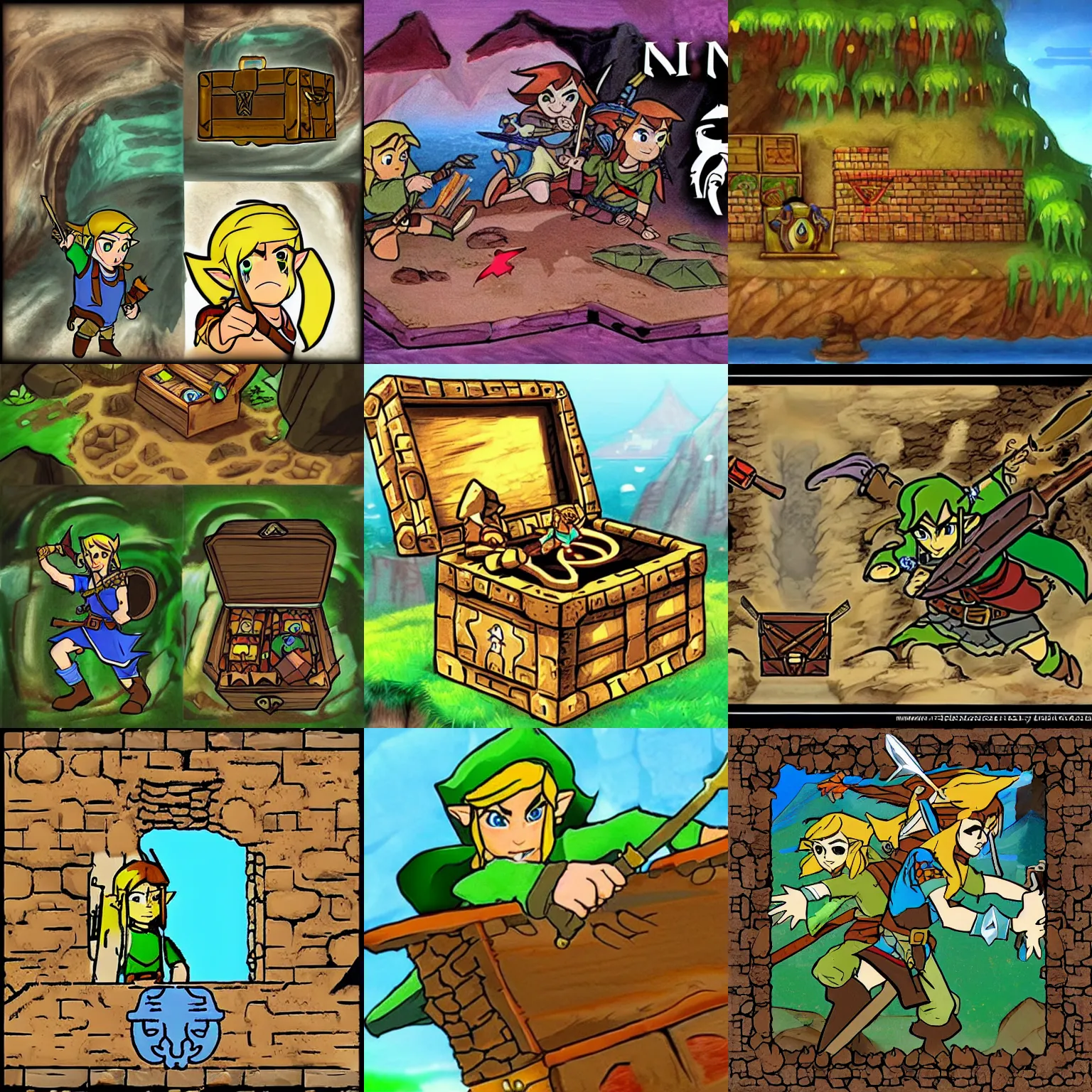Prompt: link opening treasure chest in a cave, legend of zelda, in the style of ralph bakshi, dungeons and dragons