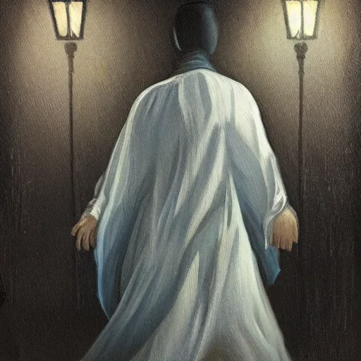 Prompt: ominous bedsheet ghost standing in front of a cars headlights late at night, oil painting, brush strokes, highly ornate intricate detail, gloomy mood,