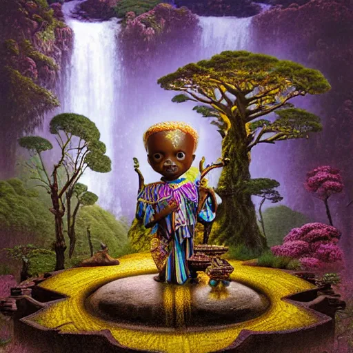 Prompt: wide angle dynamic portrait of a chibbi dogon priest in an african zen garden with a waterfall! and a golden ornate steampunk portal, amigurumi by mark ryden and todd schorr and mark davis and zdislaw beksinski in a surreal lowbrow style, digital paint, matte paint, vivid synthwave colors, breathtaking landscape