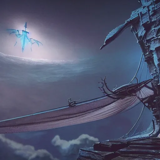 Prompt: flyting pirateship by H.P. Lovecraft, abaddon and magali villeneuve, ghibli moebius, 8k, epic scene, scifi, unreal engine, trending on cg station. masterpiece.