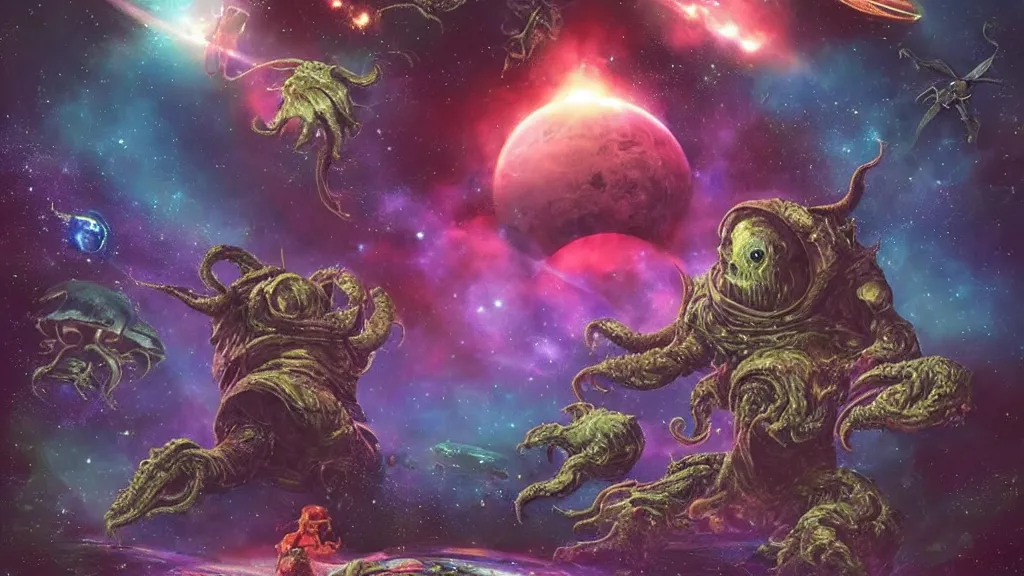 Image similar to Astronauts have a treasure with them, they are shooting big plasma guns against the giant Cthulhu that is hunting them, they have large blades too, they are over the ring of the gas planet, this is an extravagant planet with wacky wildlife and some mythical animals, the background is full of nebulas and planets, the ambient is vivid and colorful with a terrifying atmosphere, by Jordan Grimmer digital art, trending on Artstation,