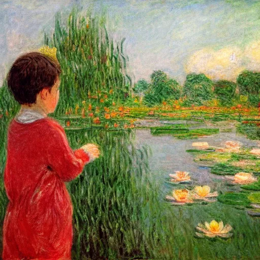 Image similar to in the style of Monet, a boy is Looking at the lotus in the lake,very high details, facial details