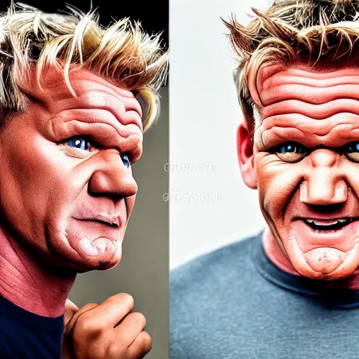 Prompt: Gordon Ramsay transforms into the Hulk, 4k, stock photo, realistic, full body