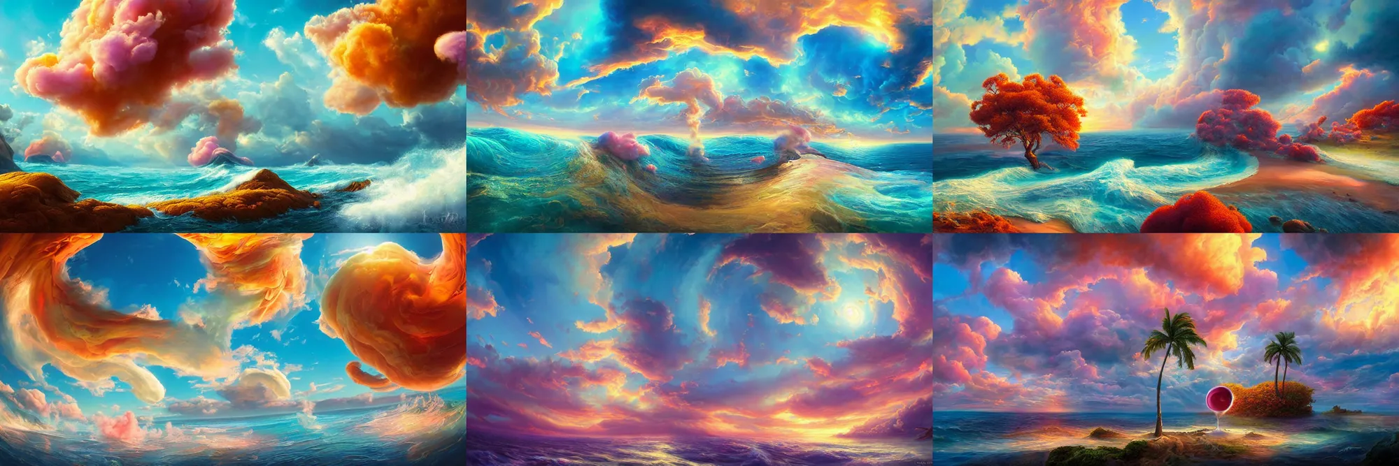 Prompt: sperical hdri map, epic smooth illustration, ocean, mattepainting, fall vibrancy, swirly latte art cotton candy clouds, by lisa frank, by greg rutkowski, by wlop, by namek