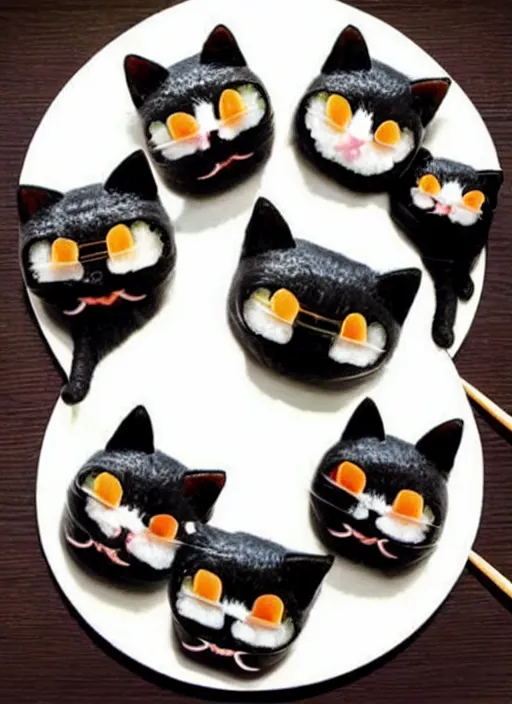 Image similar to clear photorealistic picture of adorable cats made out of sushi