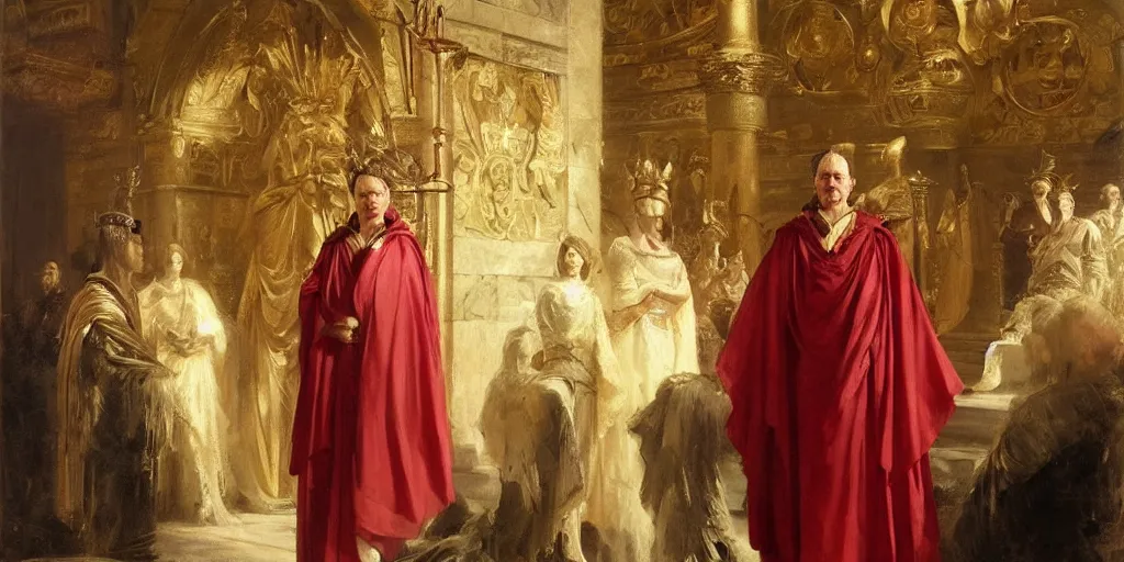 Image similar to beautiful oil painting, steve buscemi in royal crimson robes enthroned as the god emperor of ancient rome a golden wreath upon his head, by anders zorn, wonderful masterpiece by greg rutkowski, beautiful cinematic light, american romanticism, by thomas lawrence, greg rutkowski