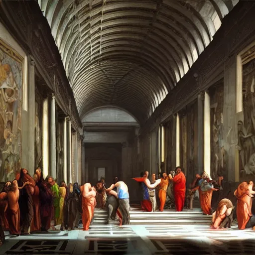 Image similar to cyberpunk the school of athens, iconic paiting, concept art, art, hyper detailed, intricate, 8 k, illustration