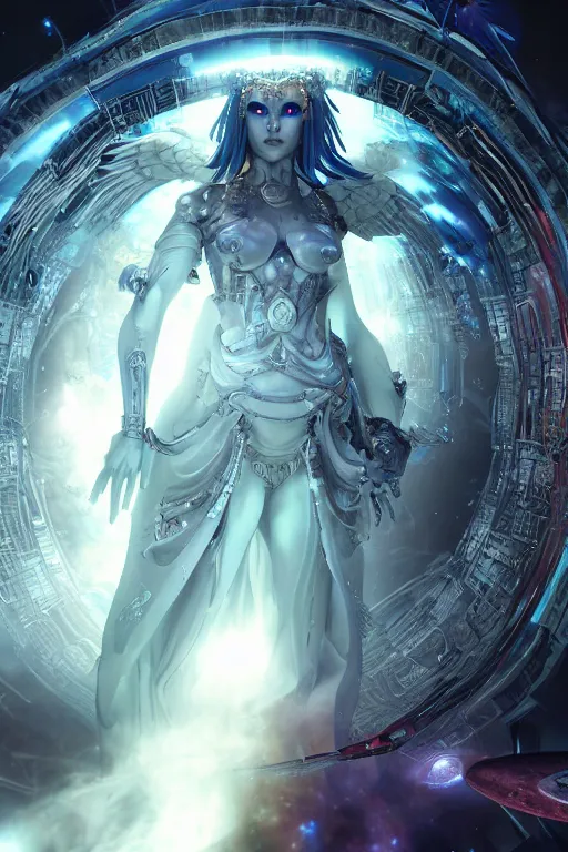 Prompt: heartbreaking portrait of cosmic angel queen at the entrance of a stunning stargate - portal to the unknown universe by yoji shinkawa, yoshitaka amano, james jean, craig mullins, sense of wonder, intricate beautiful cosmic opal filigree details, 8 k octane render, cinematic lighting,