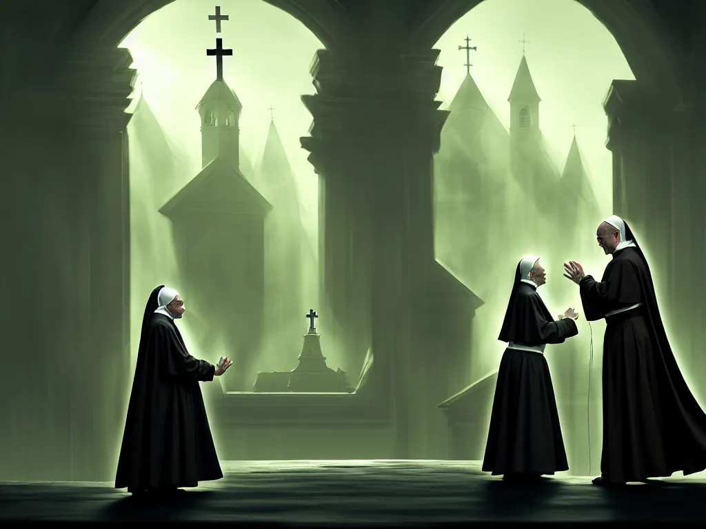 Image similar to Nun dancing with the pope, dramatic lighting, cinematic, establishing shot, high detail, cinematic lighting, post processed, 8k, concept art, artstation, matte painting, in the style of eddie mendoza, raphael lacoste, alex ross