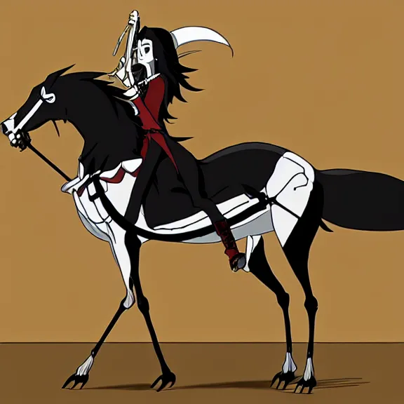 Image similar to long black hair vampire lord riding a skeletal horse, handsome, animation, studio ghibli