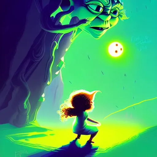 Image similar to curled perspective digital art of curly brown hair girl playing ball with yoda by anton fadeev from nightmare before christmas