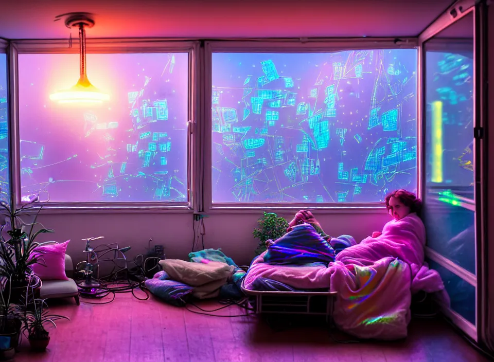 Image similar to telephoto 7 0 mm f / 2. 8 iso 2 0 0 photograph depicting the experience of dreamstate in a cosy cluttered french sci - fi ( art nouveau ) cyberpunk apartment in a pastel dreamstate art cinema style. ( iridescent terrarium, computer screens, window, leds, lamp, ( ( ( bed ) ) ) ), ambient light.