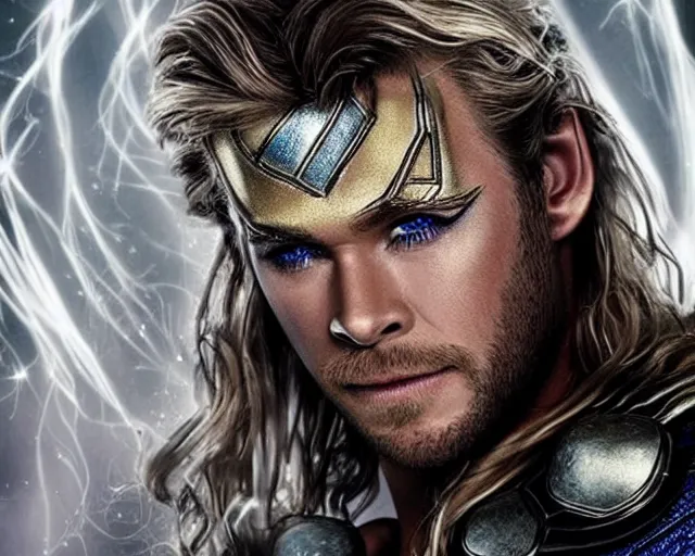 Image similar to chris hemsworth as thor with exaggerated drag queen makeup, amazing digital art, amazing detail, photorealistic