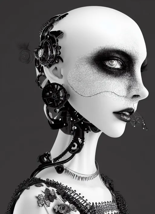 Image similar to black and white dreamy foggy poetic smoky profile face portrait, one silver steampunk realistic eye biomechanical beautiful angelic young female cyborg - robot bust, body ribs meshes,, volumetric light, hibiscus flowers, rim light, big gothic fashion pearl embroidered collar, 1 9 3 0, 8 k