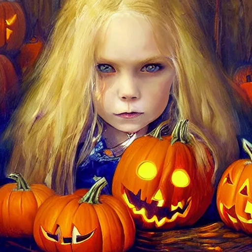 Image similar to a little girl with long golden blonde hair and blue eyes sitting amidst halloween decor, pumpkins, skulls. beautiful painting by raymond swanland and magali villanueve, beautiful detailed face.