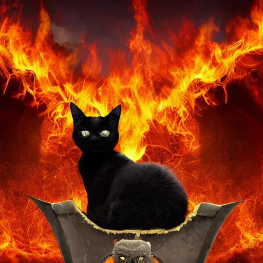 Prompt: evil cat with horns on its head sitting on a burning throne, the lord of hell, vast expanse of hell background, cat satan,