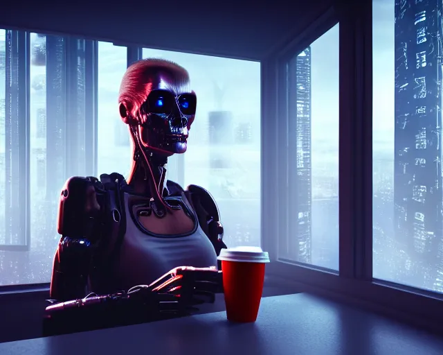 Image similar to a terminator cyborg lady with borg implants and optical fibers is drinking coffee near a window with dystopian city visible outside. very detailed 8 k. horror cyberpunk style.