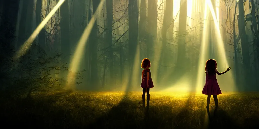 Image similar to sci - fi scene future new york, little girl holding a hand of a big robot, forest punk, crepuscular rays, epic scene, hyper realistic, photo realistic, overgrowth, cinematic atmosphere, ethereal lighting,