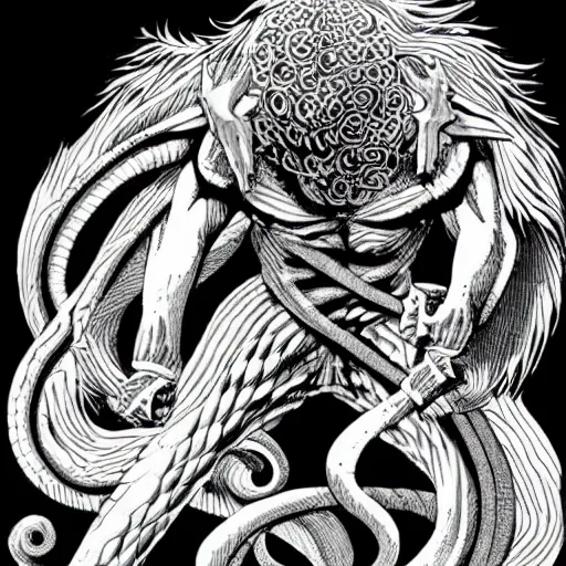 Image similar to a snake man, kentaro miura art style