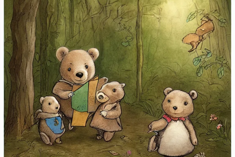 Image similar to a detailed children's book illustration by beatrix potter of a cute female bear child holding an envelope with a look of surprise surrounded by woodland animals. digital art, trending on artstation.