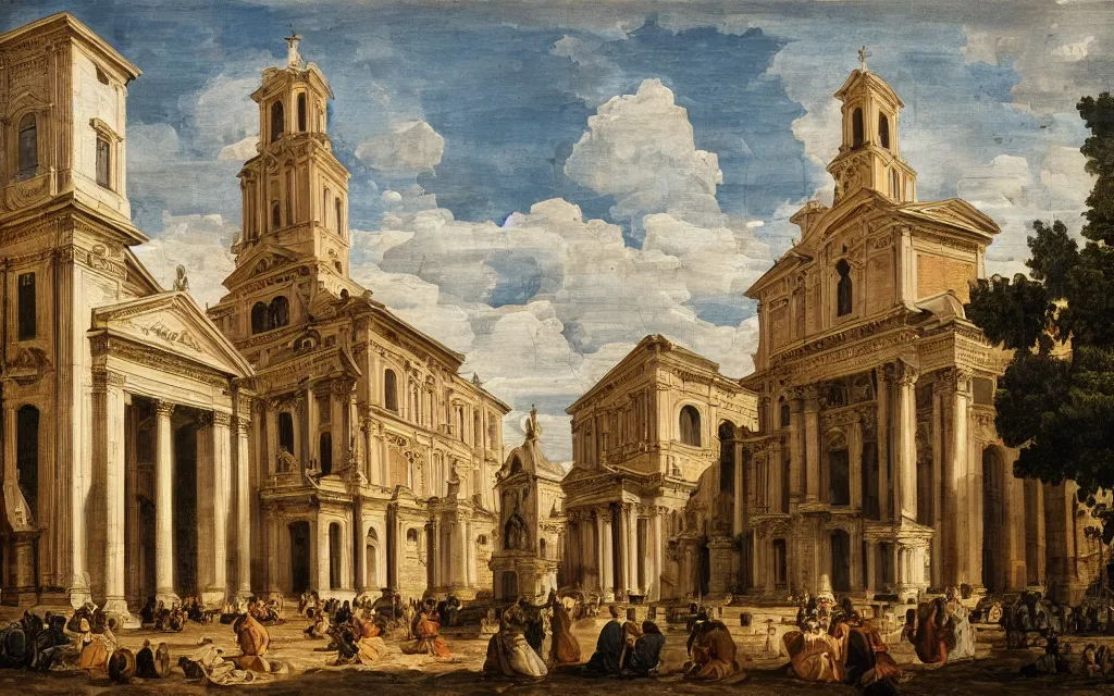 Prompt: An Italian painting of a Church, in downtown Rome. Circa 1600 AD. 4K HD Wallpaper. Premium Prints Available