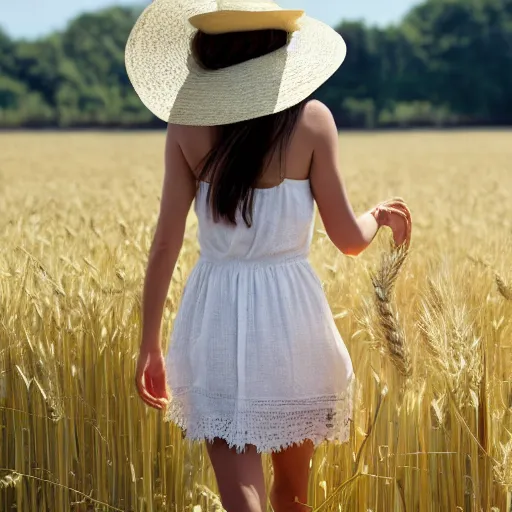 Image similar to a magazine photo of an attractive young woman wearing a sundress and straw hat, walking through a field of wheat, her hand grazing on the wheat as she walks by, glancing over her shoulder, shot from behind, three quarter portrait