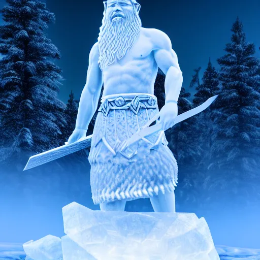 Image similar to photography of a hyper realistic crystal clear ice statue of un unknow viking warrior god. stuning, intricate, complexe. snowy mountains dream landscape. professional digital art, unreal engine 5