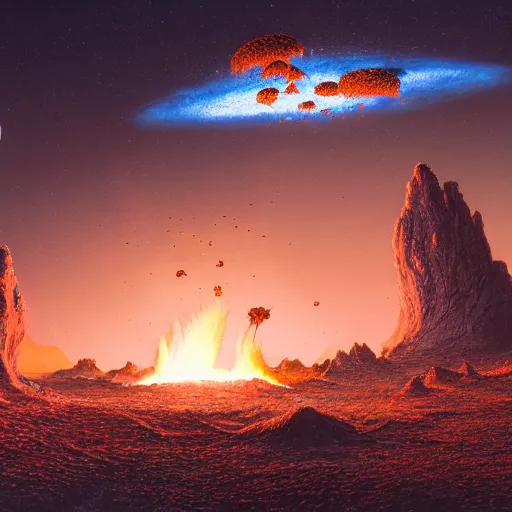 Image similar to Digital art of a meteorite containing an insect hive burning up in the atmosphere, Wayne Barlowe, Mike Winkelmann, Jessica Rossier 4k prehistoric geology space hubble