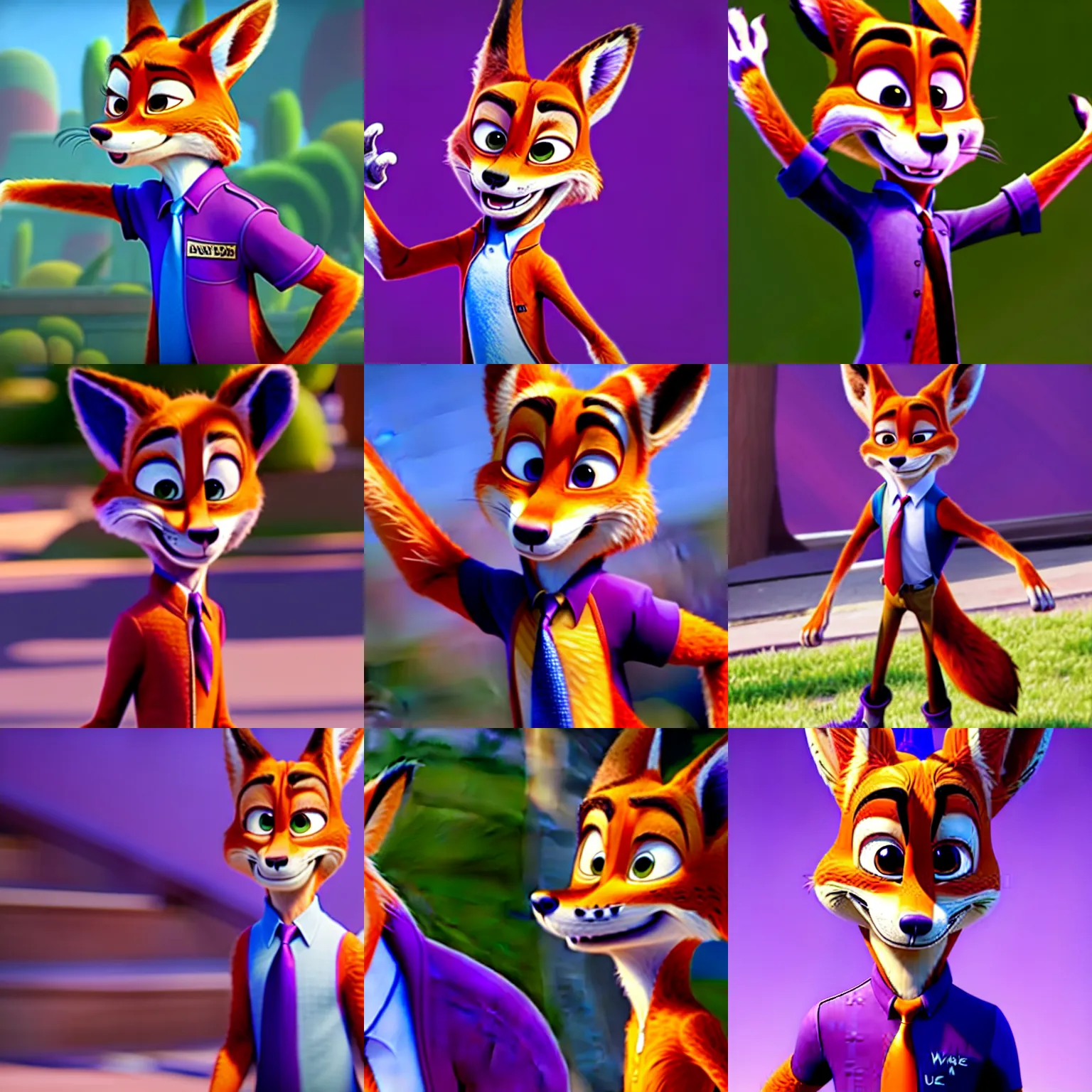 Prompt: Nick Wilde (from Zootopia) wearing a purple uniform