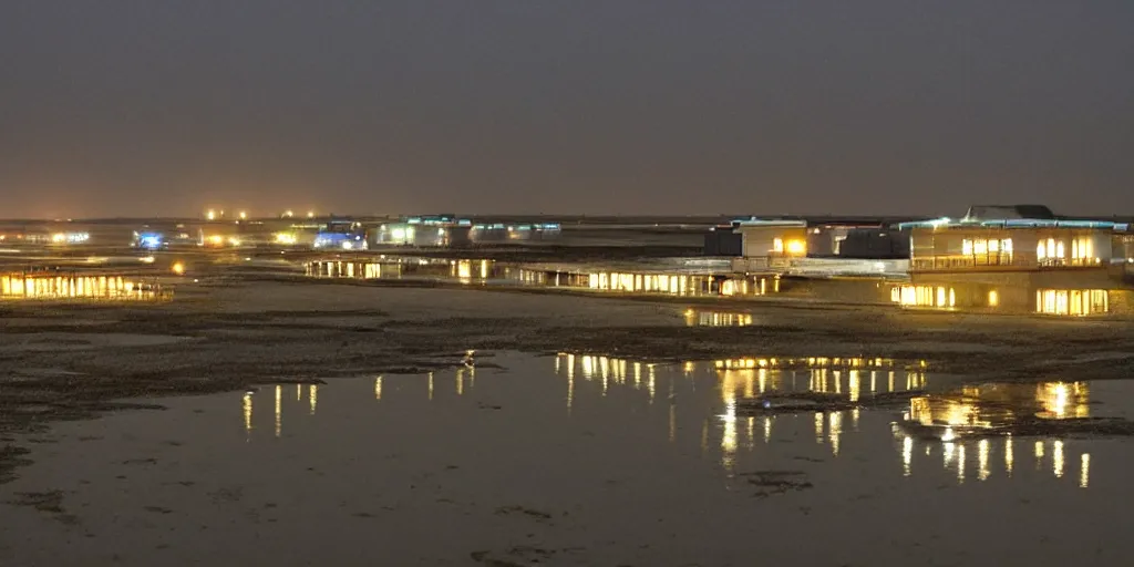 Prompt: at night, there is a lonely hotel on the edge of the yellow river tidal flat that still emits warm lights, hotel lobby, rough style, warmth, details, very detailed, very detailed, a lonely star, a lonely boat, a lonely lamp