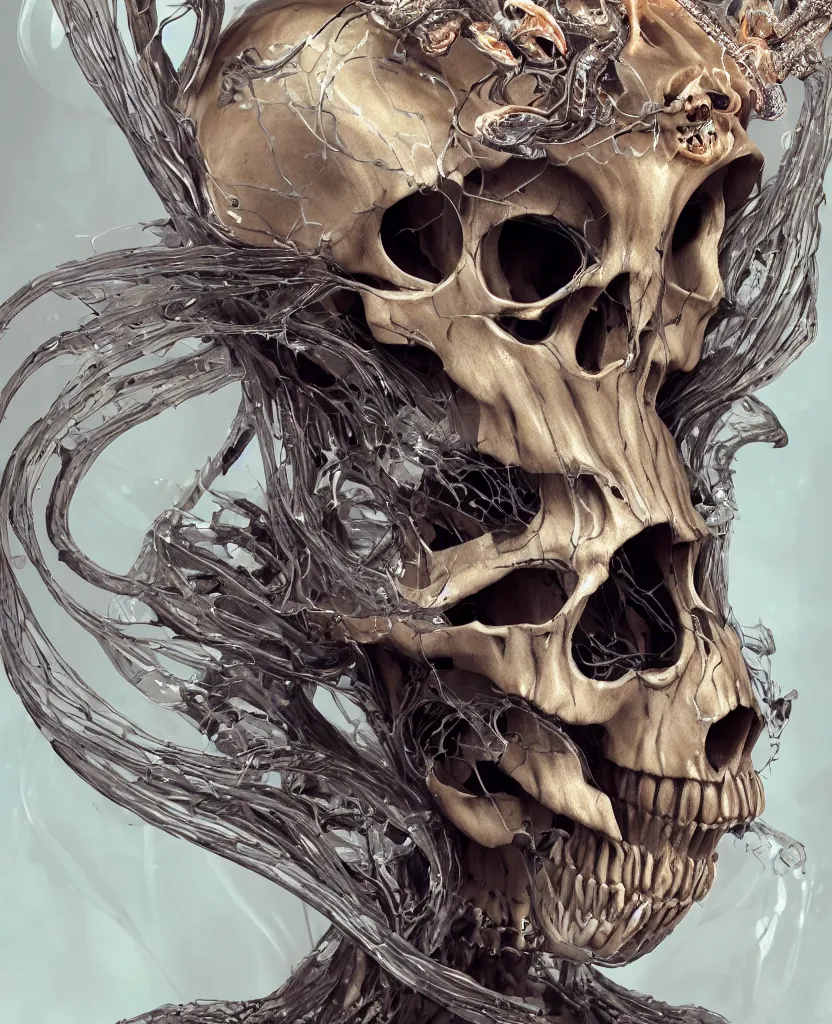 Image similar to close-up macro portrait of the face of a beautiful princess with animal skull mask, epic angle and pose ribcage skeleton, symmetrical artwork, 3d with depth of field, blurred background, cybernetic jellyfish female face skull phoenix bird, translucent, nautilus, energy flows of water and fire. a highly detailed epic cinematic concept art CG render. made in Maya, Blender and Photoshop, octane render, excellent composition, cinematic dystopian brutalist atmosphere, dynamic dramatic cinematic lighting, aesthetic, very inspirational, arthouse. y Greg Rutkowski, Ilya Kuvshinov, WLOP, Stanley Artgerm Lau, Ruan Jia and Fenghua Zhong