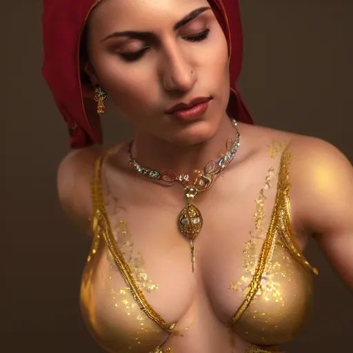 Prompt: details of a belly dancer jewels, stoic, bust, brown skin, alone dramatic, epic painting, gold, painted by wlop and nixeu, cgsociety, beautiful, semirealism, artbreeder, artstation, volumetric light, octane render, sharpness, 8 k, golden ratio